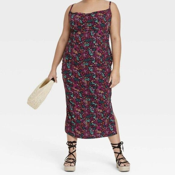 AVA & VIV Floral Shirred Midi Dress Size 1X Mesh Overlay Spaghetti Straps Cowl - Picture 1 of 9